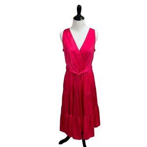 Tommy Hilfiger Women's Size 6 Sleeveless Midi Dress Silk Look Belted V-Neck Pink